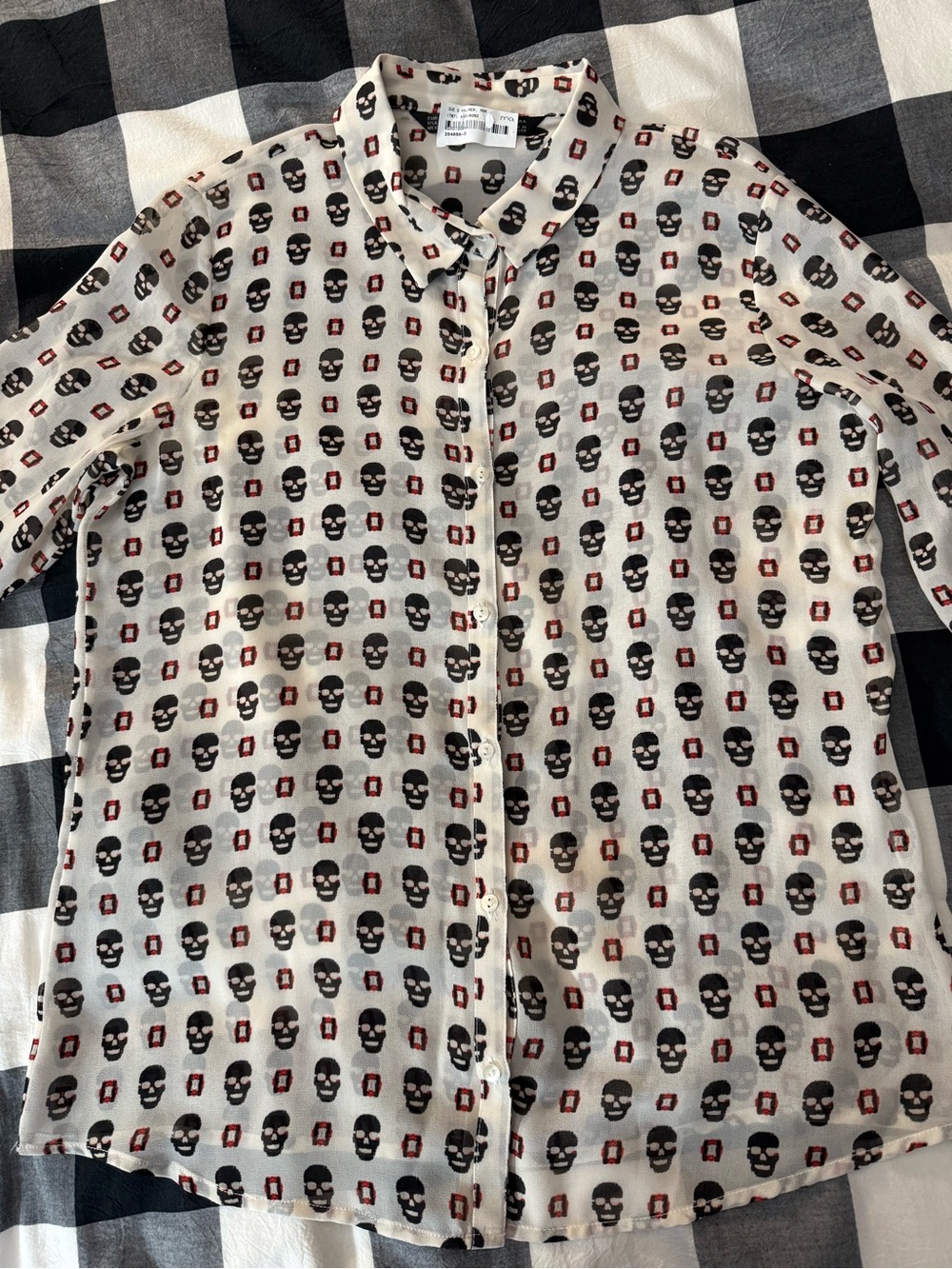 Zara Cream Button-Up Blouse with Black and Red Skull Print